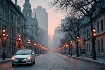 Fototapeta premium Cozy sunrise illuminating empty street in montreal's old town