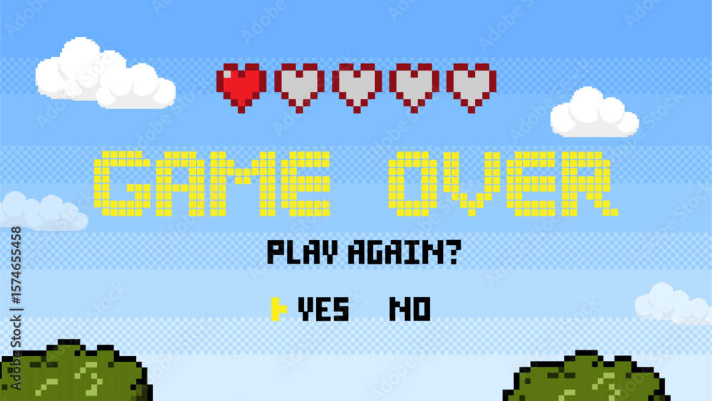 Poster Game Over background with player selection.8 bit game.retro game.	