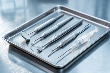 Dental Tools on Tray Await Use. Sterile equipment, clean, silver. Healthcare, hygiene, oral care. For marketing, web design, editorial use.