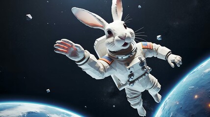 Astronaut rabbit floats in zero gravity near Earth, wearing a spacesuit with flag patches, low poly