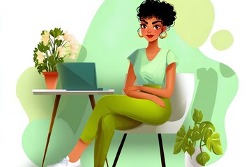Young woman with curly hair sits at a desk with a laptop, surrounded by plants, in a bright and inviting workspace, showcasing the essence of remote work and productivity