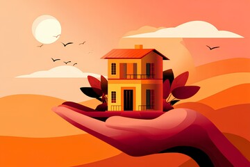 Dreamy illustration of a hand lifting a house toward the sun, surrounded by soft clouds-ideal for messaging around homeownership, family, and financial stability.