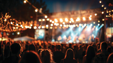 Blur background of people at summer music festival outdoors at night