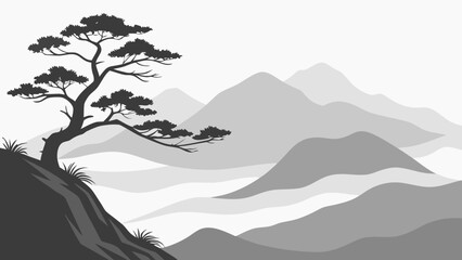 Misty mountain hills in traditional Chinese ink painting style, subtle gradients of grey, lone pine tree on cliff, empty spaces as clouds, minimalist monochrome