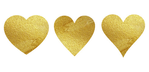 Golden textured heart shape in three styles on a transparent background  