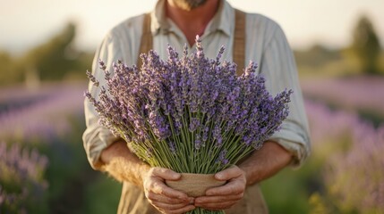 A farmer holding a large fresh bouquet of cut lavender in blooming field at sunset
