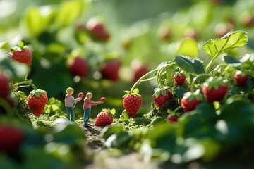 Small gardeners picking ripe strawberries from giant strawberry bushes