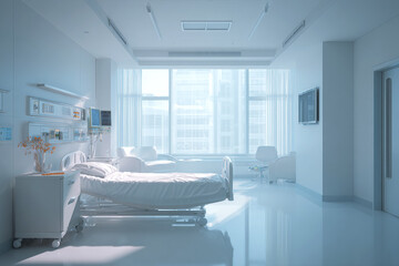 Clean modern hospital room stands empty. Healthcare, medical, facility, clinic. Use for marketing, design, web.