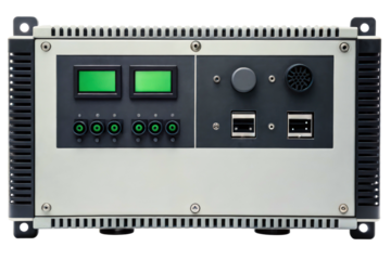The front panel of an industrial machine controller with LCD screens isolated with transparent background