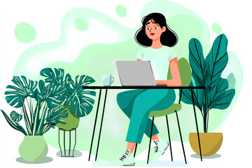 Young woman working remotely on a laptop at a stylish desk surrounded by lush green plants, creating a vibrant and productive home office environment