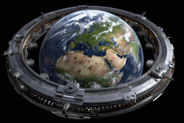Earth planet surrounded by futuristic metallic ring structure with detailed continents and clouds, symbolizing advanced technology and space exploration