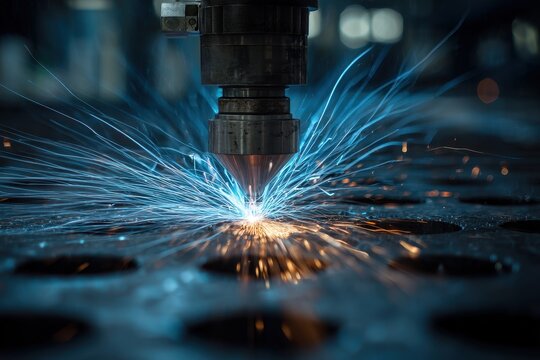 Machine cutting through dark metal with bright blue and yellow sparks flying outward