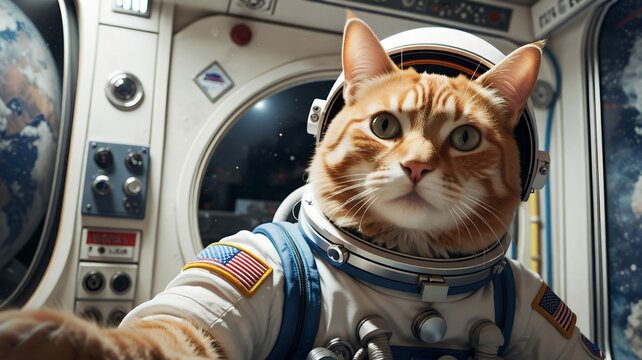 An orange tabby cat wearing a spacesuit inside a spaceship, looking curious into the camera lens.