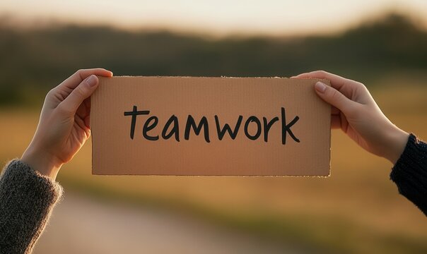 Golden sunset embrace holding teamwork sign, symbolizing collaborative spirit, unity and shared aspirations