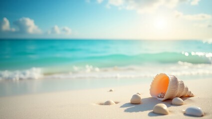A serene scene of seashells placed on soft sandy beach, with the sun glinting off the surfaces