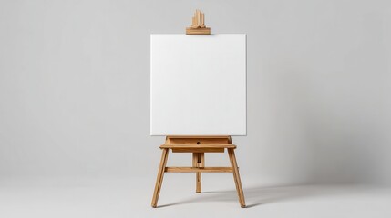 High quality photo of high quality photo of ultra quality image of empty white blank canvas on an easel mockup, wooden stand, isolated on a light background, flat lay.