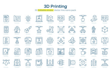3D Printing line icon pack. 3D Printing Stroke icon set. Editable Stroke icon