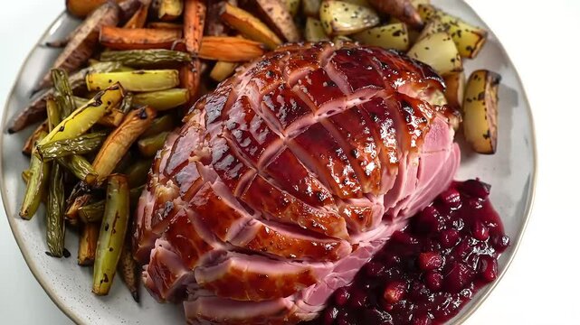 Glazed Ham with Roasted Vegetables and Cranberry Sauce