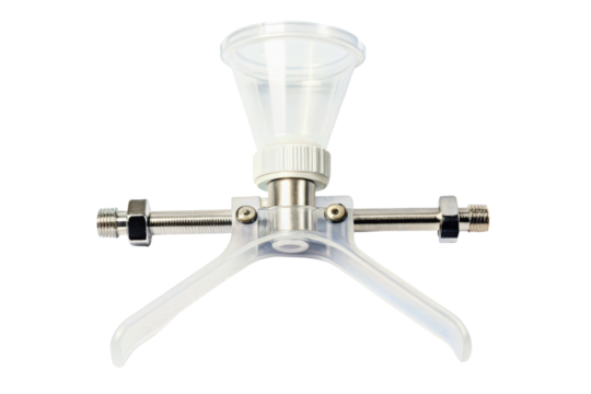 Laboratory filtration assembly with plastic funnel and clamp isolated with transparent background