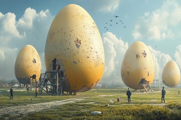 Small people gathering giant eggs from oversized henhouses