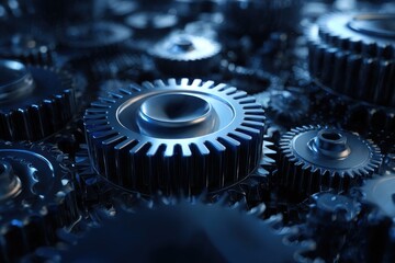 Mesmerizing close-up of interlocking metallic gears, cool blues with light reflection