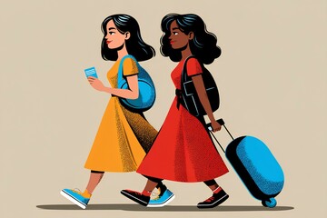 Two joyful young women in bright summer dresses walk arm-in-arm pulling a shared suitcase, their laughter and colorful outfits embodying the excitement of a shared adventure.