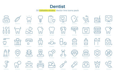 Dentist line icon pack. Dentist Stroke icon set. Editable Stroke icon