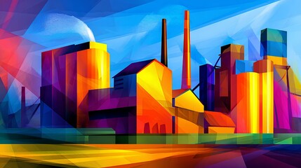 Vibrant abstract illustration of an industrial landscape featuring colorful geometric shapes, smokestacks, and buildings against a bright blue sky, representing modern manufacturing and energy