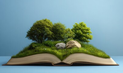 Where stories bloom a lush landscape arises from an open book under a bright blue sky