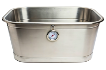 Brushed stainless steel container tub with a thermometer gauge isolated with transparent background