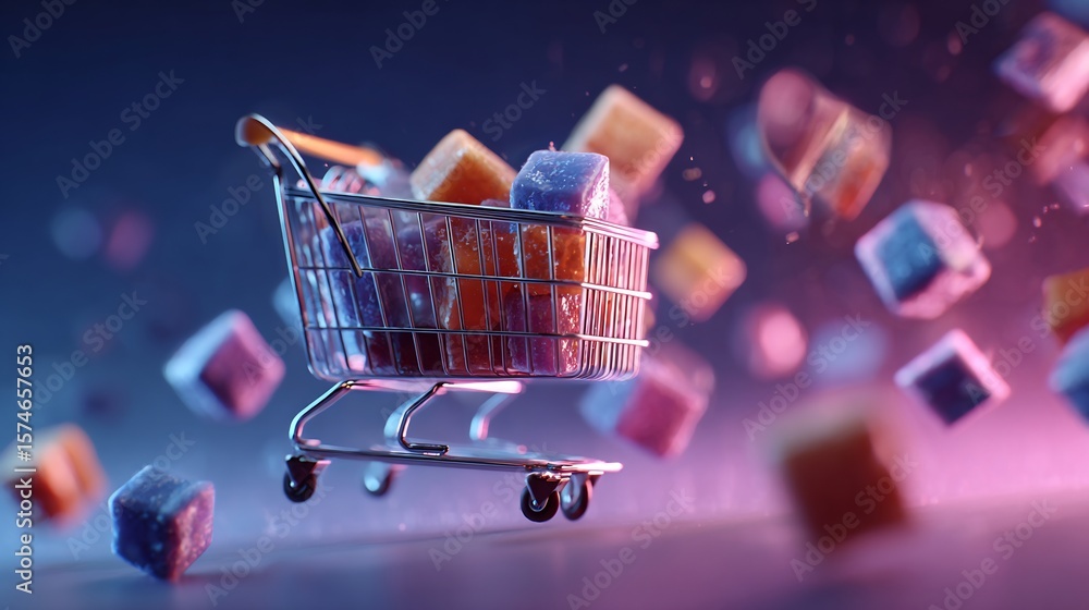 Fototapete miniature shopping cart filled with vibrant cubes floating in a dynamic composition