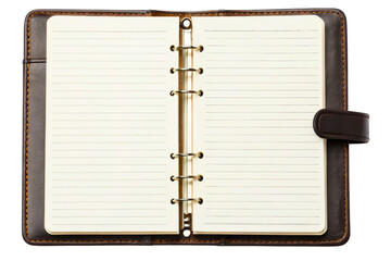 Open personal ring binder planner with blank lined paper isolated with transparent background