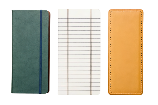 Stationery set with a journal, ledger sheet, and leather case isolated with transparent background