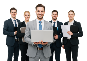 Confident Business Team Holding laptop on Transparent Background, PNG format