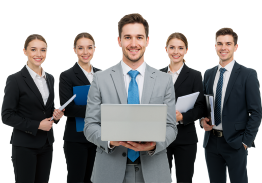 Confident Business Team Holding laptop on Transparent Background, PNG format
