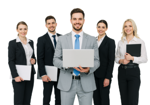 Confident Business Team Holding laptop on Transparent Background, PNG format