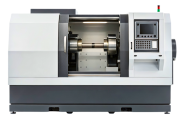 Modern industrial CNC lathe machine for a metalworking factory isolated with transparent background