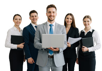 Confident Business Team Holding laptop on Transparent Background, PNG format