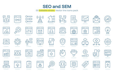 SEO and SEM line icon pack. SEO and SEM Stroke icon set. Editable Stroke icon