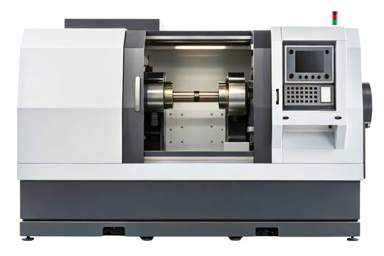 Modern industrial CNC lathe machine for a metalworking factory isolated with transparent background