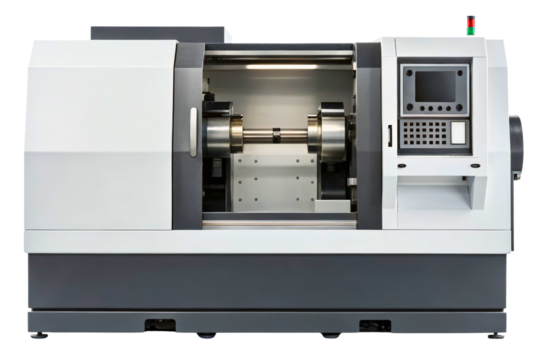 Modern industrial CNC lathe machine for a metalworking factory isolated with transparent background