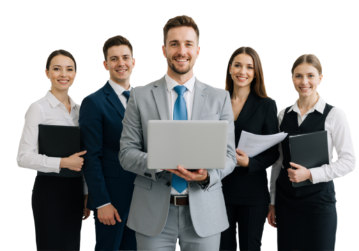 Confident Business Team Holding laptop on Transparent Background, PNG format - Powered by Adobe