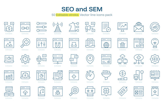 SEO and SEM line icon pack. SEO and SEM Stroke icon set. Editable Stroke icon
