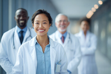 Smiling doctor leads diverse medical team. Doctors stand in hospital hall. Concepts: teamwork, healthcare reform, success. For web use, marketing, ads.