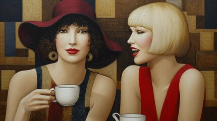 Two women in cafe gossiping while drinking tea, beautiful elegant girls chatting and laughing on abstract background with nice golden pattern, smiling friends with a cup of coffee in conversation 