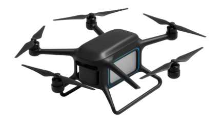 Autonomous drone with six rotors and a central cargo hold beneath the body