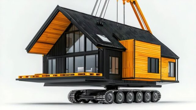 Modern modular house being transported by crane on a track system in an urban environment