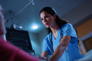 Caring nurse monitors patient. Hospital setting. Use for healthcare marketing, editorial, website.
