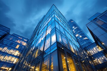 Nighttime low-angle view of a modern glass and steel skyscraper with moody sky overhead