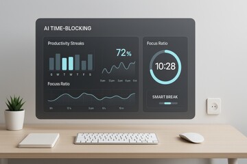 AI Time-Blocking Dashboard Showing Productivity Streaks, Focus Ratio Graph, and Smart Break Timer in Minimalist Desk Setup
